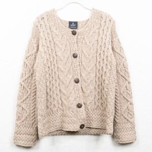 ARAN Irish Merino Wool Cable Knit Chunky Fisherman Cardigan Sweater Beige Sz S